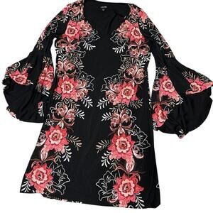 Roz & Ali Boho 70’s Dress size 12 floral prints flared sleeves vneck multi color